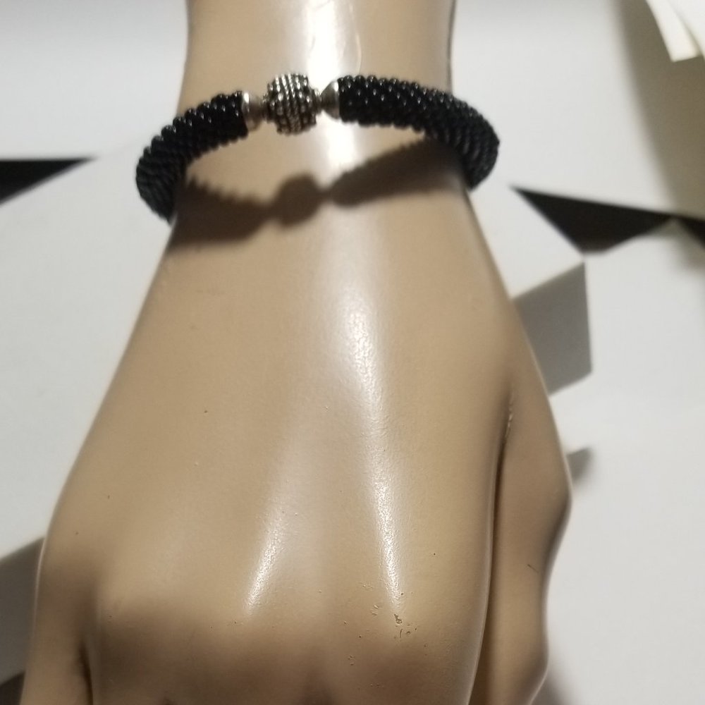 Vintage Artisan Beaded Rope Black Bracelet 925